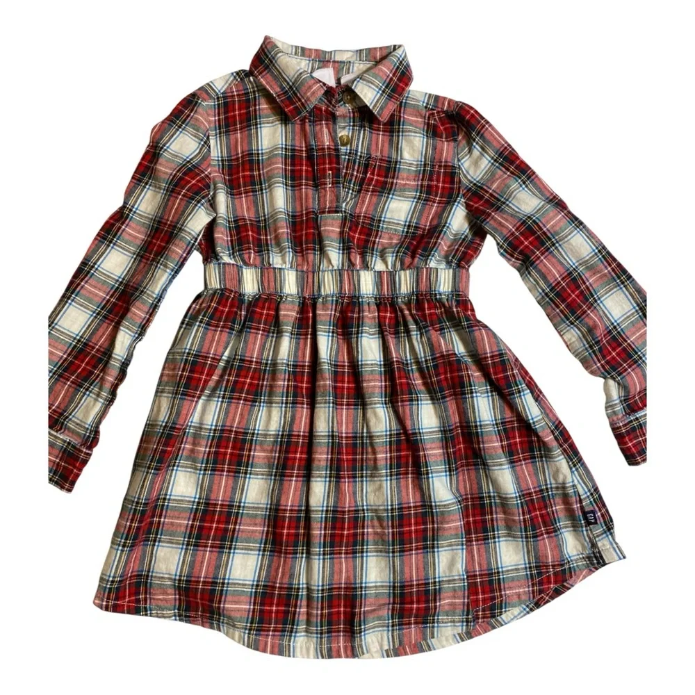 GAP Red Plaid Button Down Shirt Dress with Black Leggings 4/5 girls